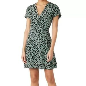 DEREK LAM 10 Crosby Green Black Leaf Printed V Neck Grommet Mini Dress Size 12
